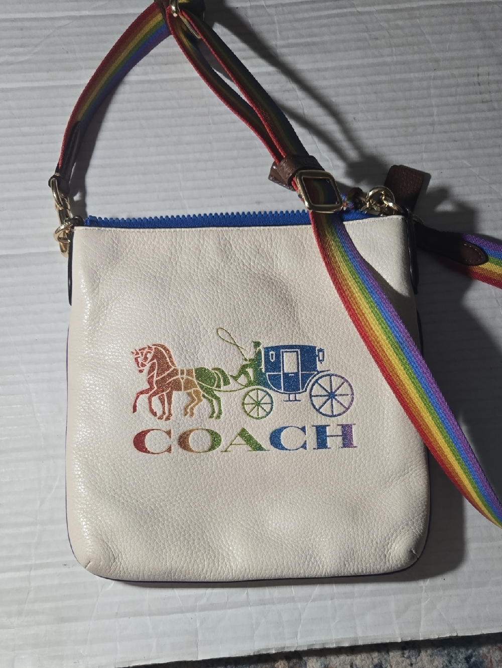 COACH White Leather Crossbody Bag with Rainbow Logo and Strap